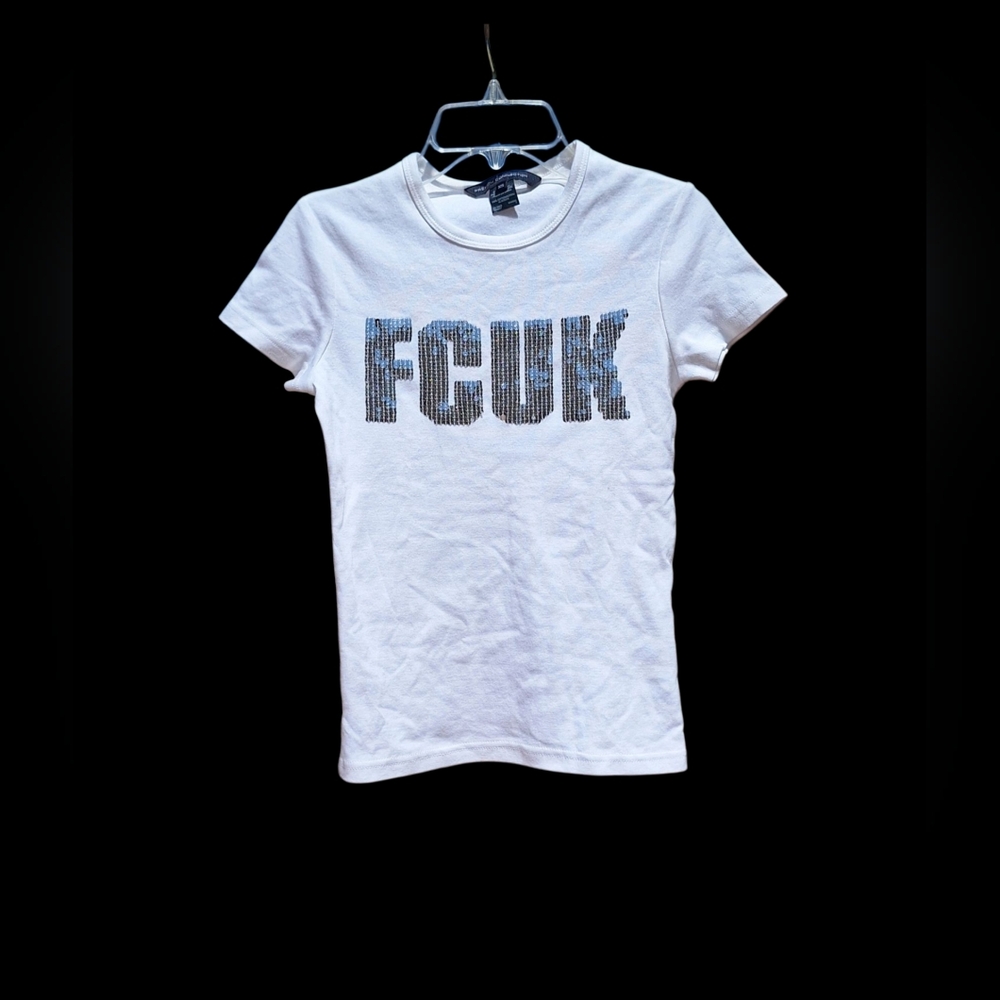 French Connection FCUK Logo Tee Sequins Embellished Catchphrase Womens XS White
